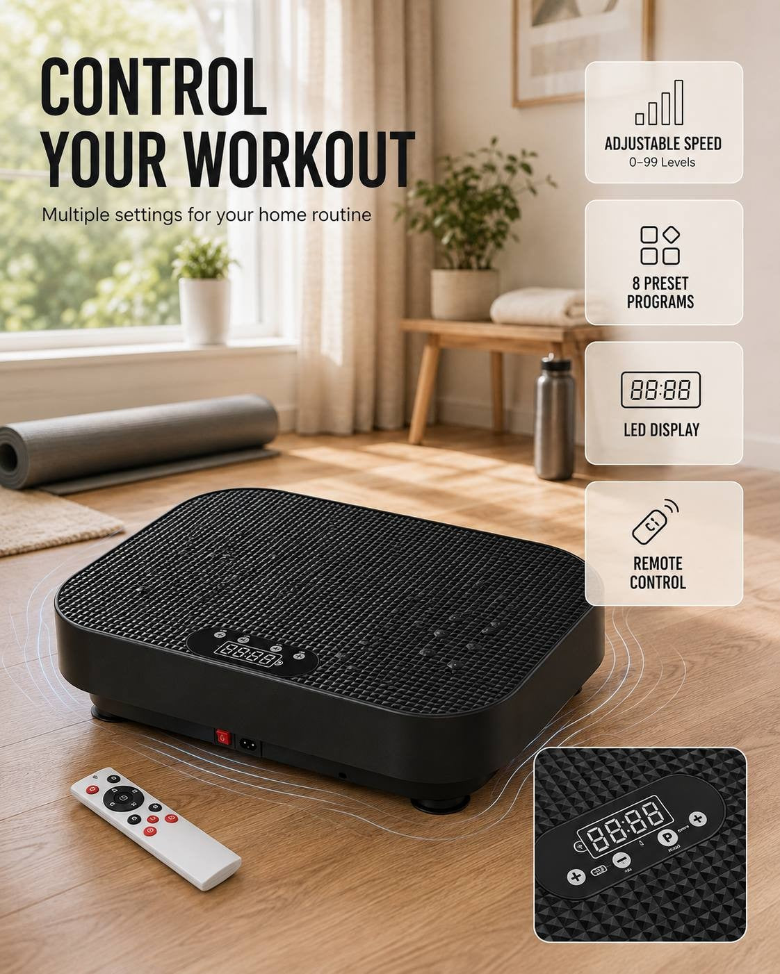 A black vibration platform placed on a wooden floor in a bright room, accompanied by a white remote control and feature callouts highlighting 0-99 adjustable speed levels, 8 preset programs, an LED display, and close-up onboard touch controls.