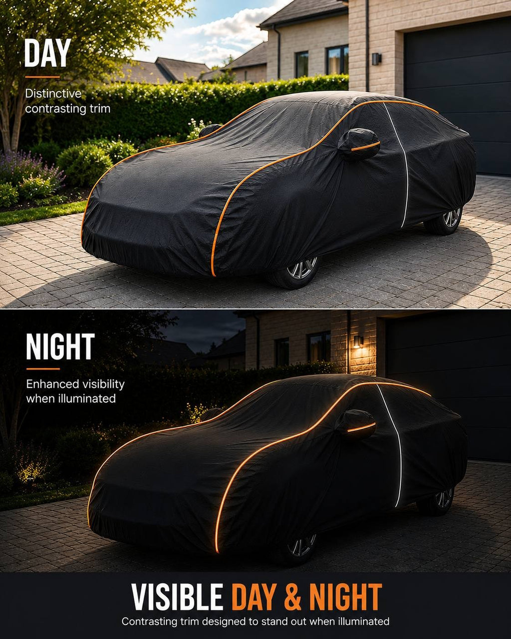 Two-panel comparison showing a black car cover with distinctive contrasting orange trim parked on a driveway during the day and illuminated at night for enhanced visibility.