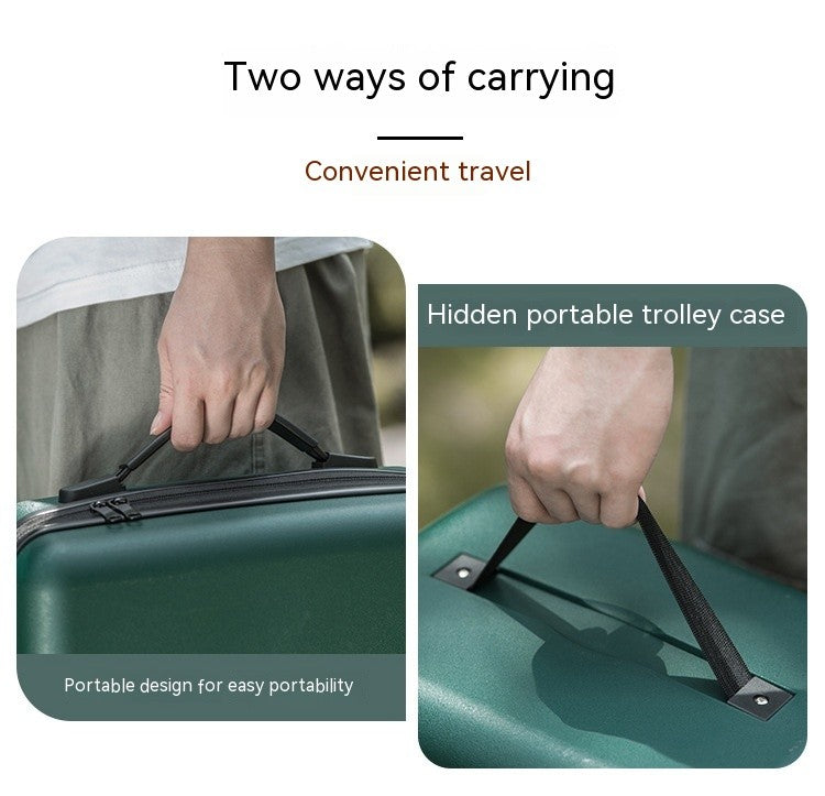 Two ways of carrying a green suitcase with a trolley handle, labeled 'Convenient travel' and 'Hidden portable trolley case'.