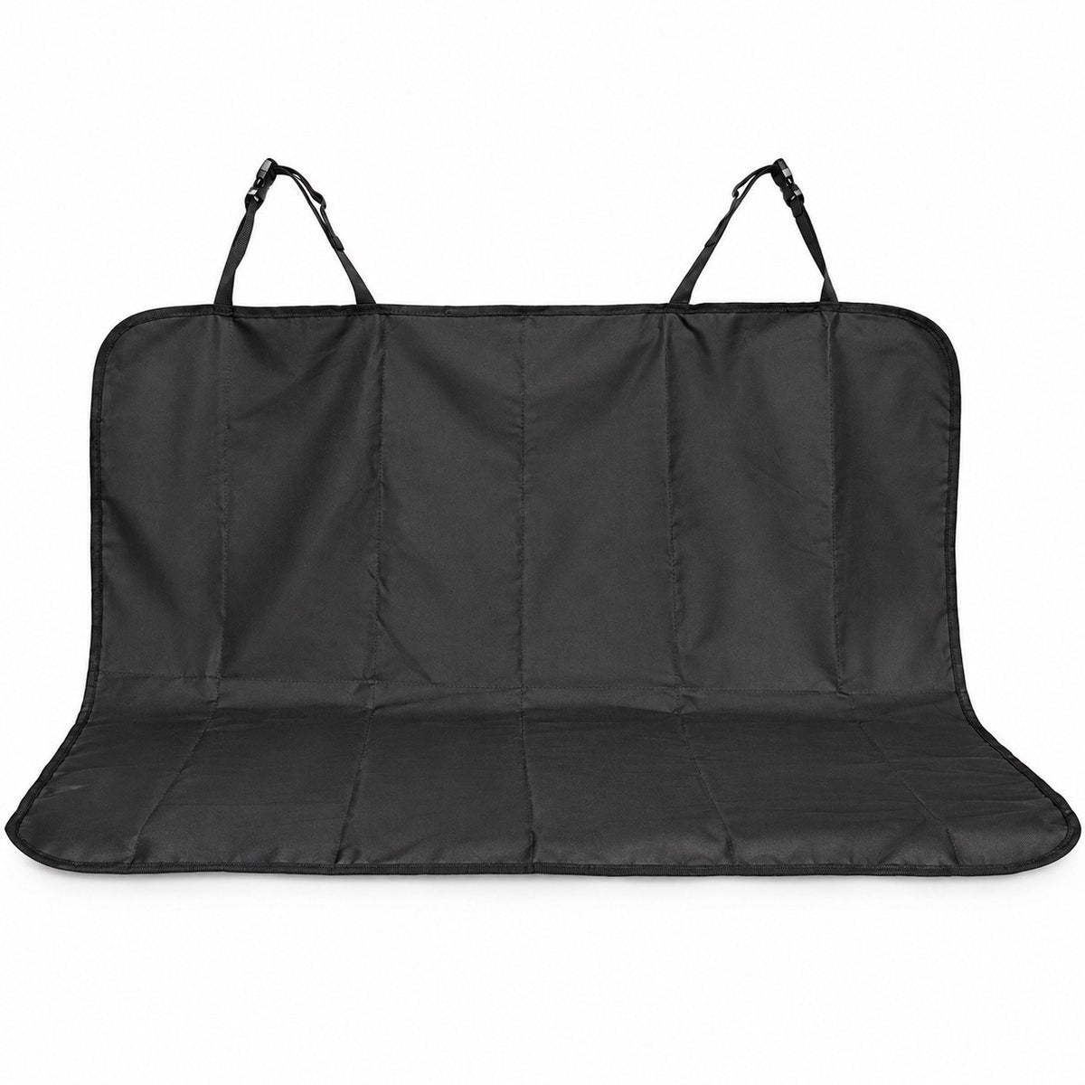 Studio product photo of a black waterproof dog car seat cover spread out against a white background with adjustable headrest straps.