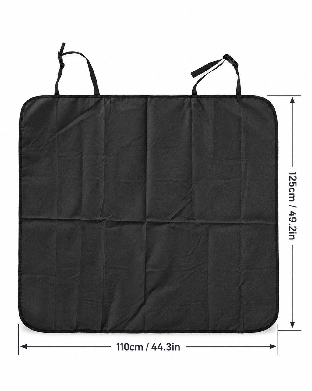 Product dimension infographic showing a black dog car seat cover with measurements of 110cm (44.3in) in width and 125cm (49.2in) in height.