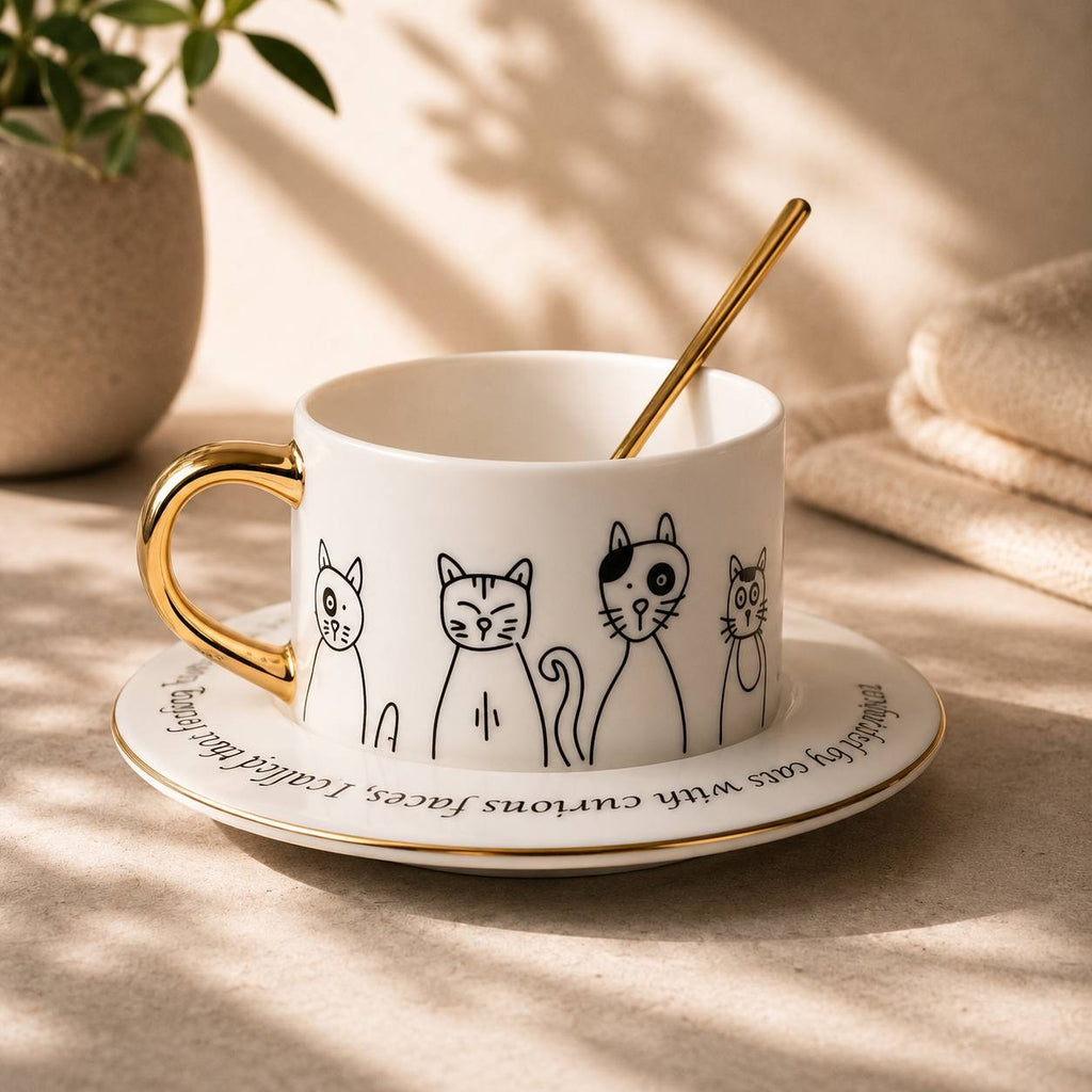 Elegant white ceramic coffee cup and saucer set featuring black line art cat sketches, a shiny gold handle, and text on the rim of the saucer.