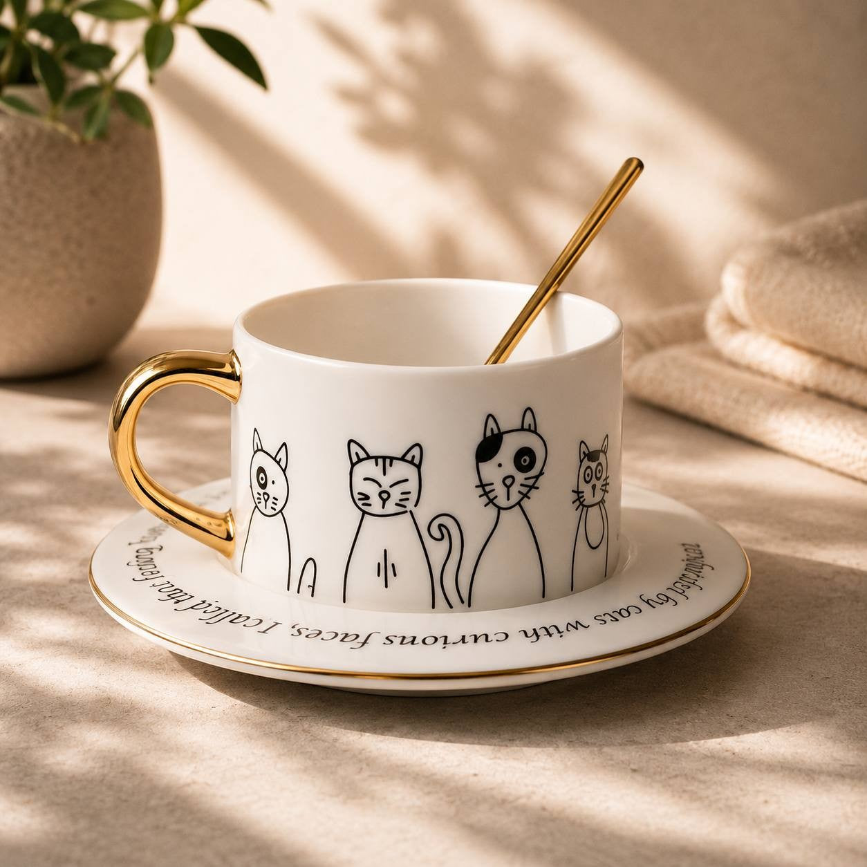 Elegant white ceramic coffee cup and saucer set featuring black line art cat sketches, a shiny gold handle, and text on the rim of the saucer.