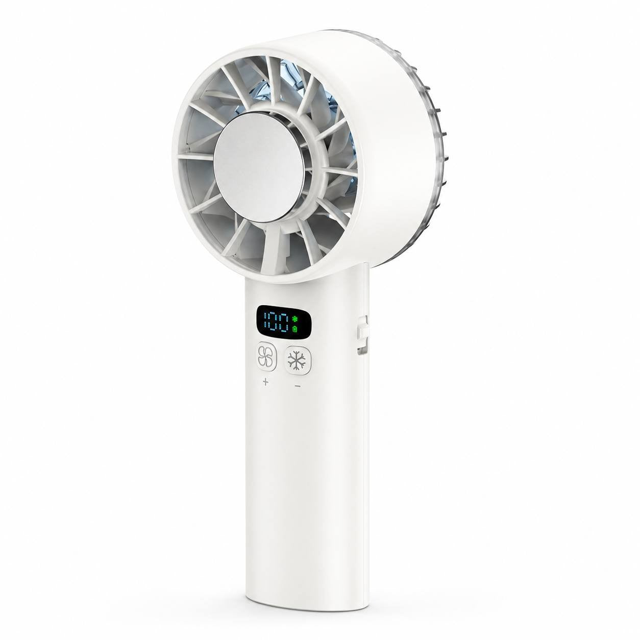 Studio product shot of a white portable handheld cooling fan featuring a digital display, multi-level controls, and a rapid cooling plate on the front grille.