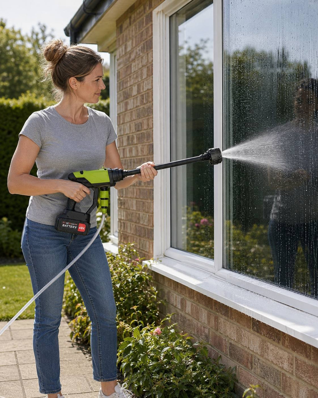 A woman using a cordless pressure washer to spray and clean an exterior house window on a sunny day.