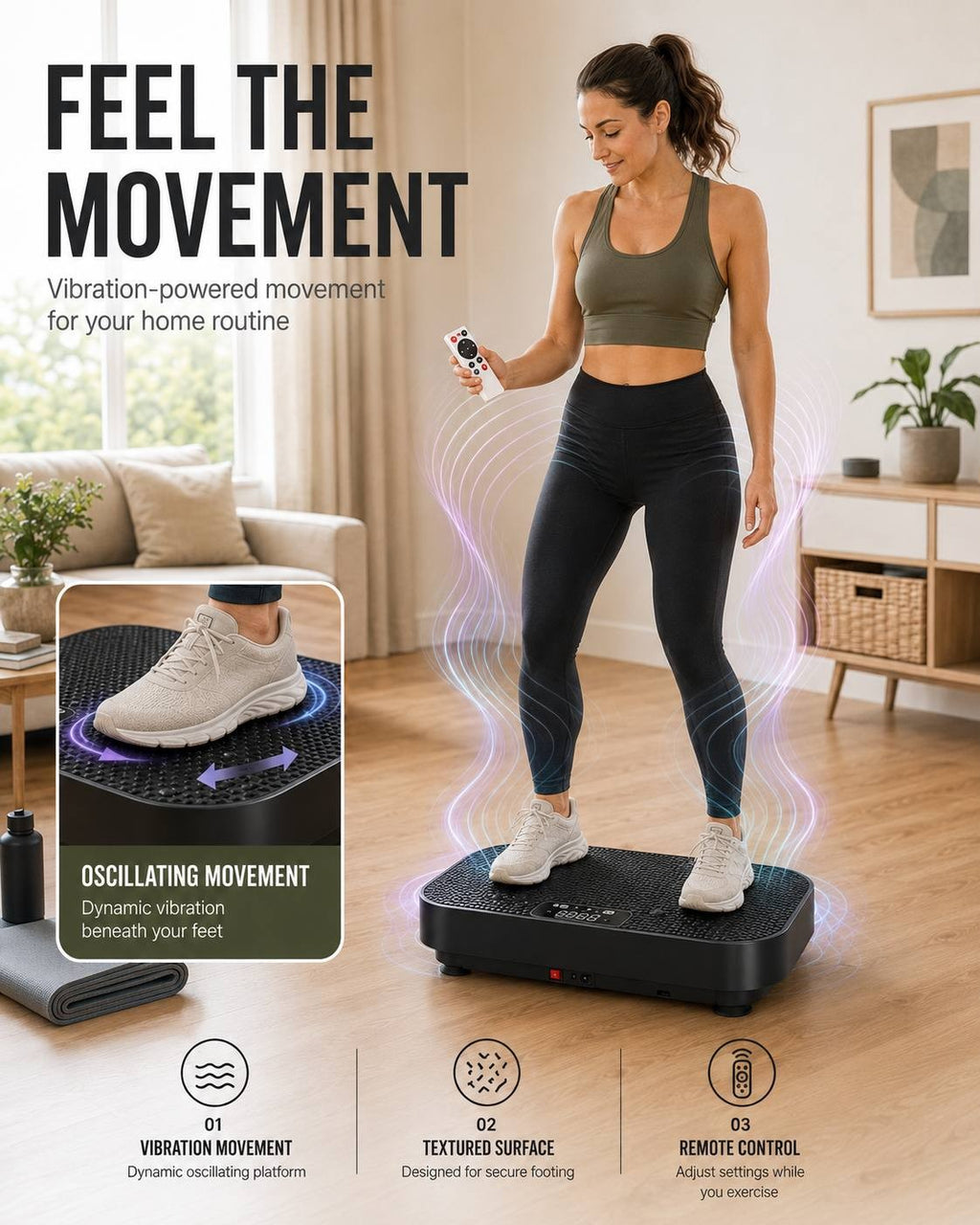 A woman holding a remote control while standing on a black oscillating vibration platform in a living room, with graphic wave lines indicating dynamic vibration beneath her feet and an inset close-up of a sneaker on the textured surface.