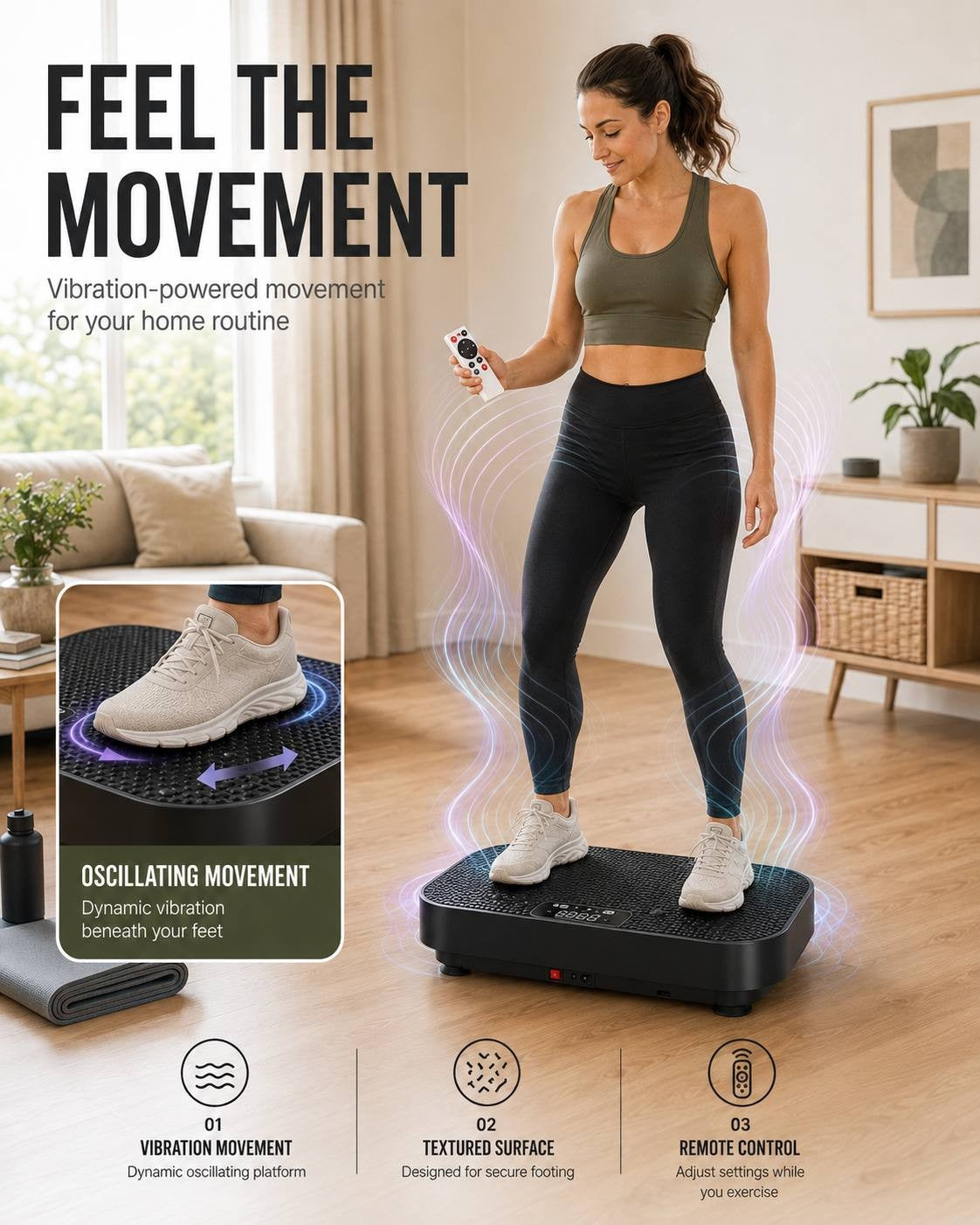 A woman holding a remote control while standing on a black oscillating vibration platform in a living room, with graphic wave lines indicating dynamic vibration beneath her feet and an inset close-up of a sneaker on the textured surface.
