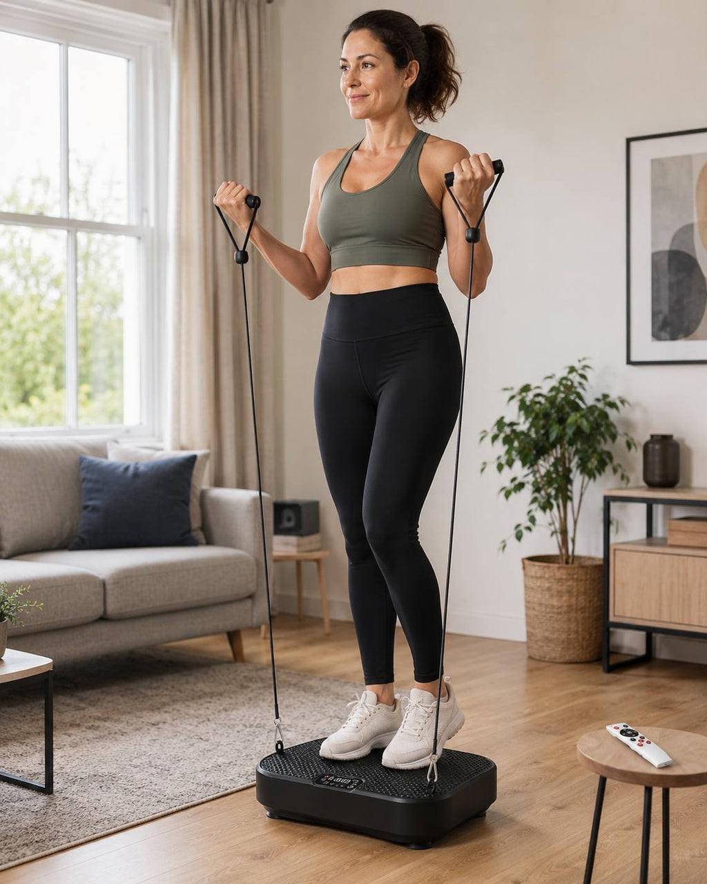A woman in an activewear set standing on a black vibration plate in a bright living room, holding resistance bands attached to the machine while performing an upper body exercise.