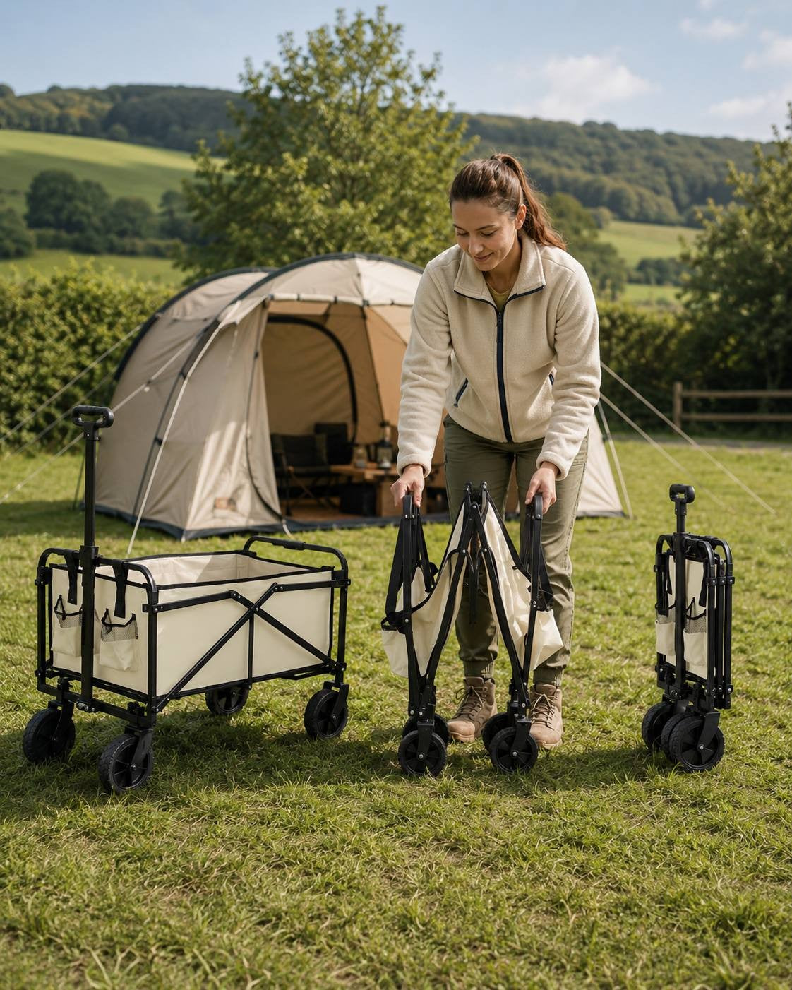 Woman demonstrating how to fold a beige utility wagon at a campsite, showing the cart fully open, partially folded, and fully collapsed.