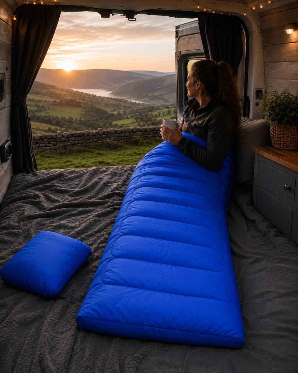 Woman sitting inside a campervan bed wrapped in a blue sleeping bag, holding a mug and looking out the open back doors at a sunrise over a valley.