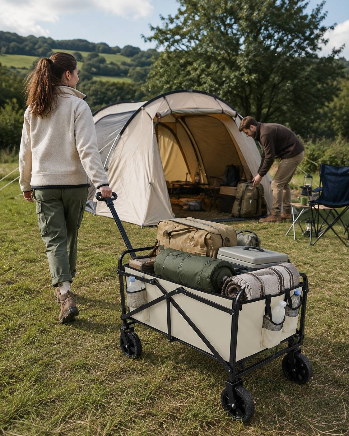 Woman pulling a fully loaded collapsible utility cart across a green campsite with a large tent in the background and rolling hills.