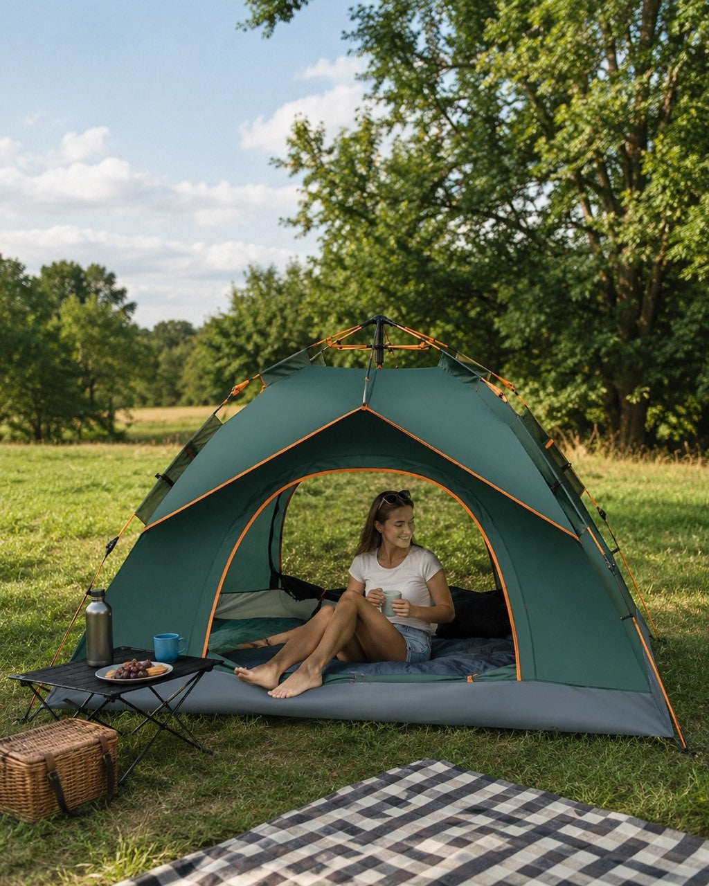 A woman sitting comfortably inside the open doorway of a green automatic camping tent on a grassy meadow, holding a mug with a picnic table and basket nearby.