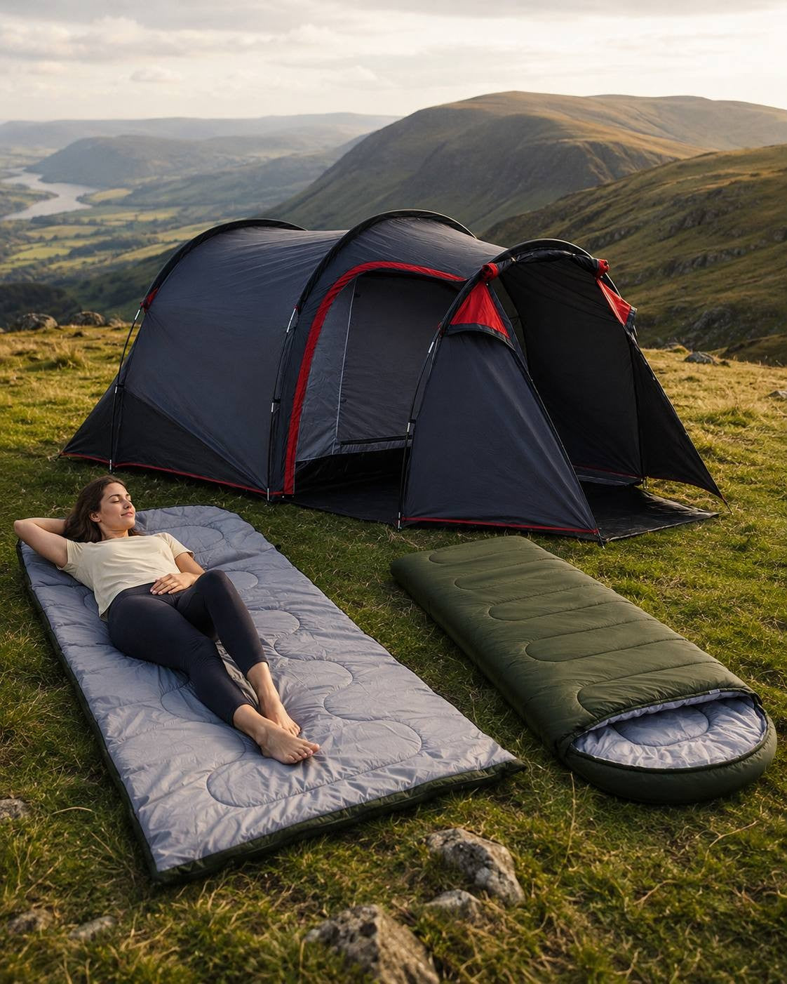 A woman lying back and relaxing on a grey-lined green sleeping bag spread out on a grassy mountain slope next to a pitching 2-person tunnel tent and a second sleeping bag, with a scenic valley and lake view in the background.