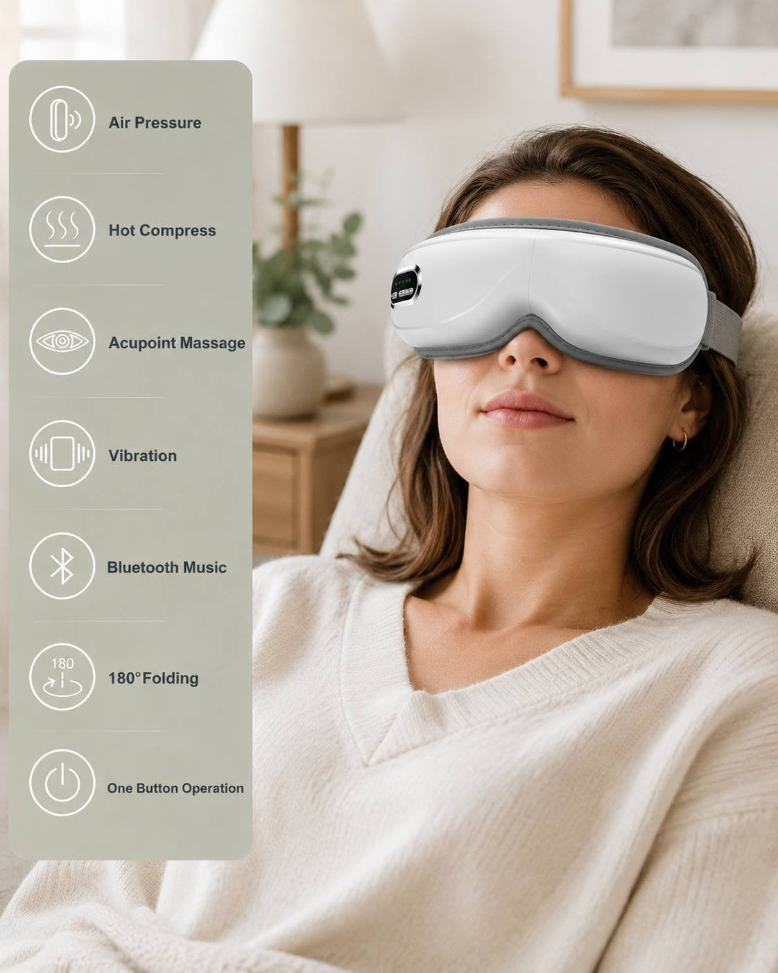 A woman relaxing on a lounge chair wearing a white electric airbag eye massager, with side icons highlighting features including air pressure, hot compress, acupoint massage, vibration, Bluetooth music, 180° folding, and one-button operation.