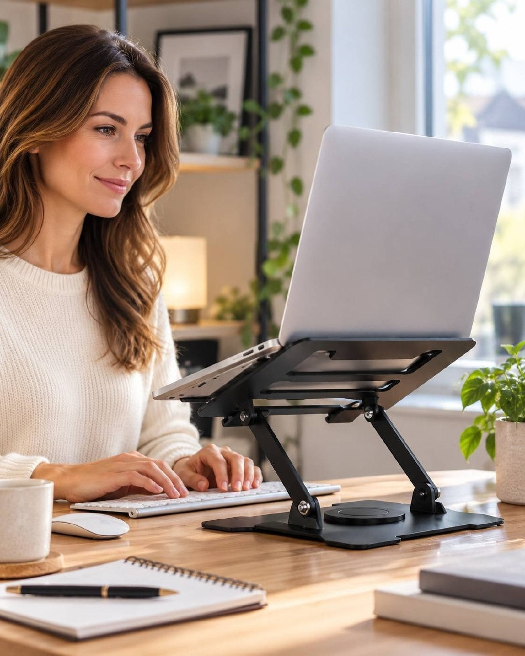 Woman working comfortably at a wooden desk in a bright home office, using a laptop placed on an ergonomic adjustable black stand with an external keyboard and mouse.