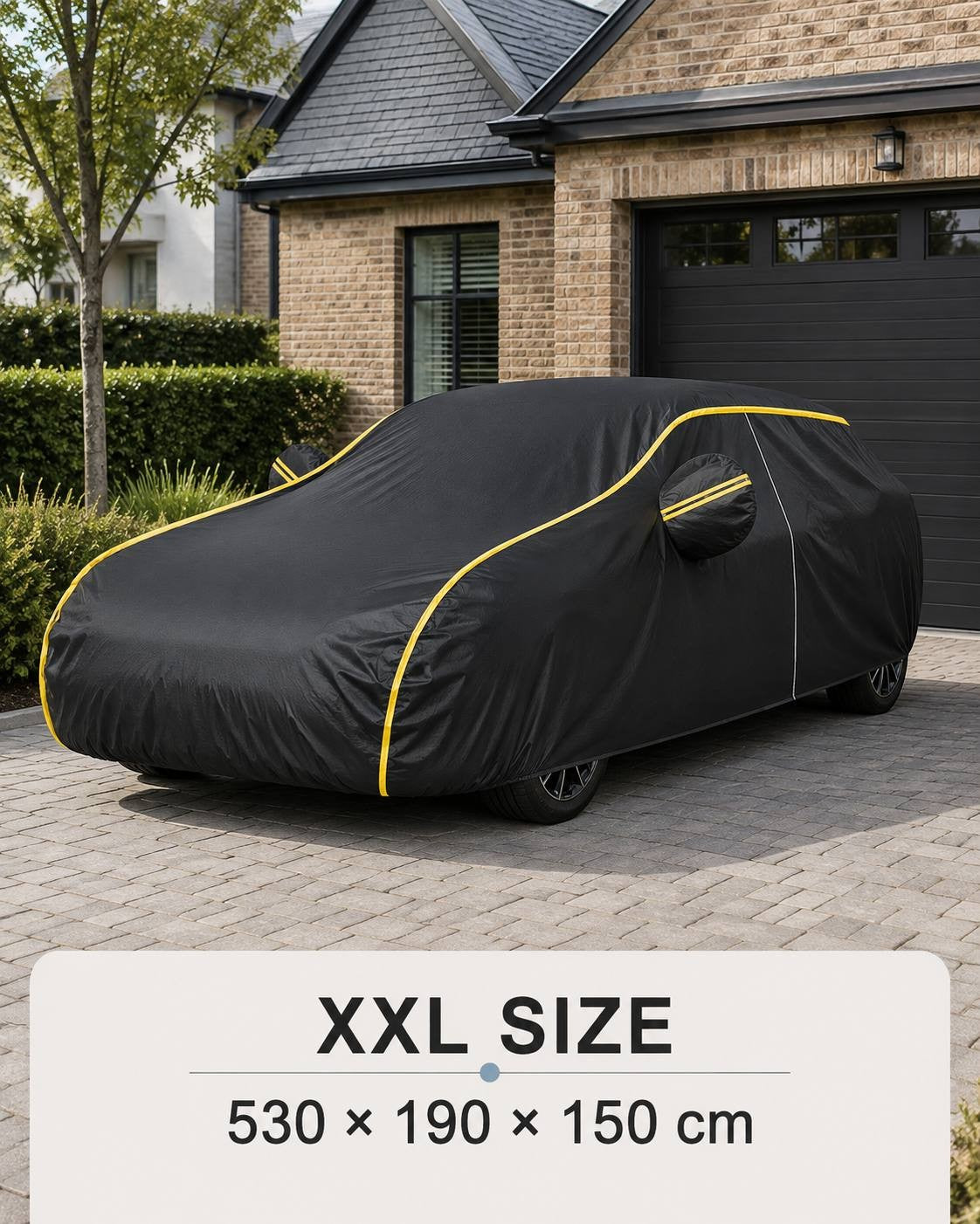 Promotional product image showing a black car cover in XXL size with dimensions of 530 x 190 x 150 cm parked on a paved driveway.
