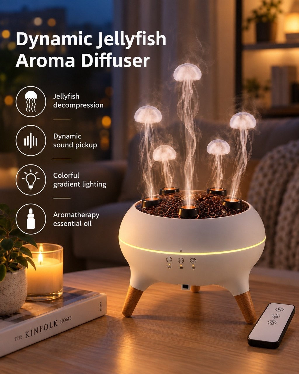 Feature infographic highlighting jellyfish decompression rings, dynamic sound pickup, colorful gradient lighting, and aromatherapy essential oil compatibility.