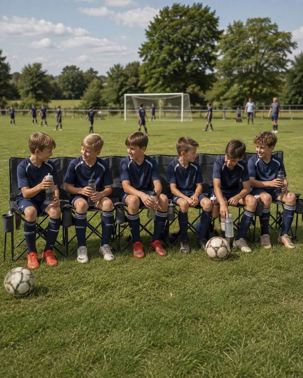 Young soccer players in matching blue uniforms sitting together on a long black folding outdoor bench holding water bottles next to a soccer field.